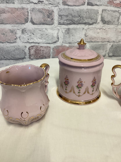 Pink Hand Painted Porcelain tea cups and sugar bowl set