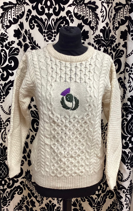 Highland Home Industries Cream Pure Wool Jumper with Thistle Design Size Small