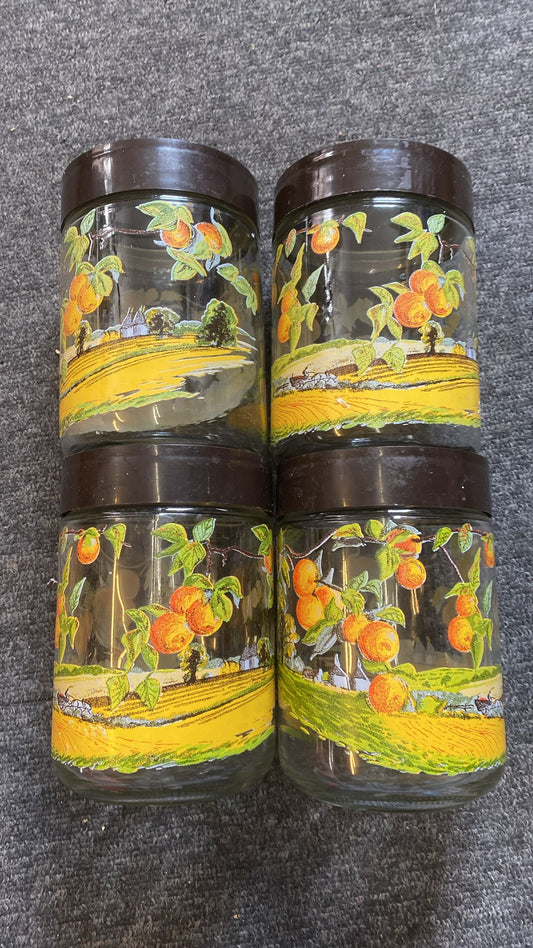 Cerve Glass Storage Jars, Vintage, orange grove design x 4