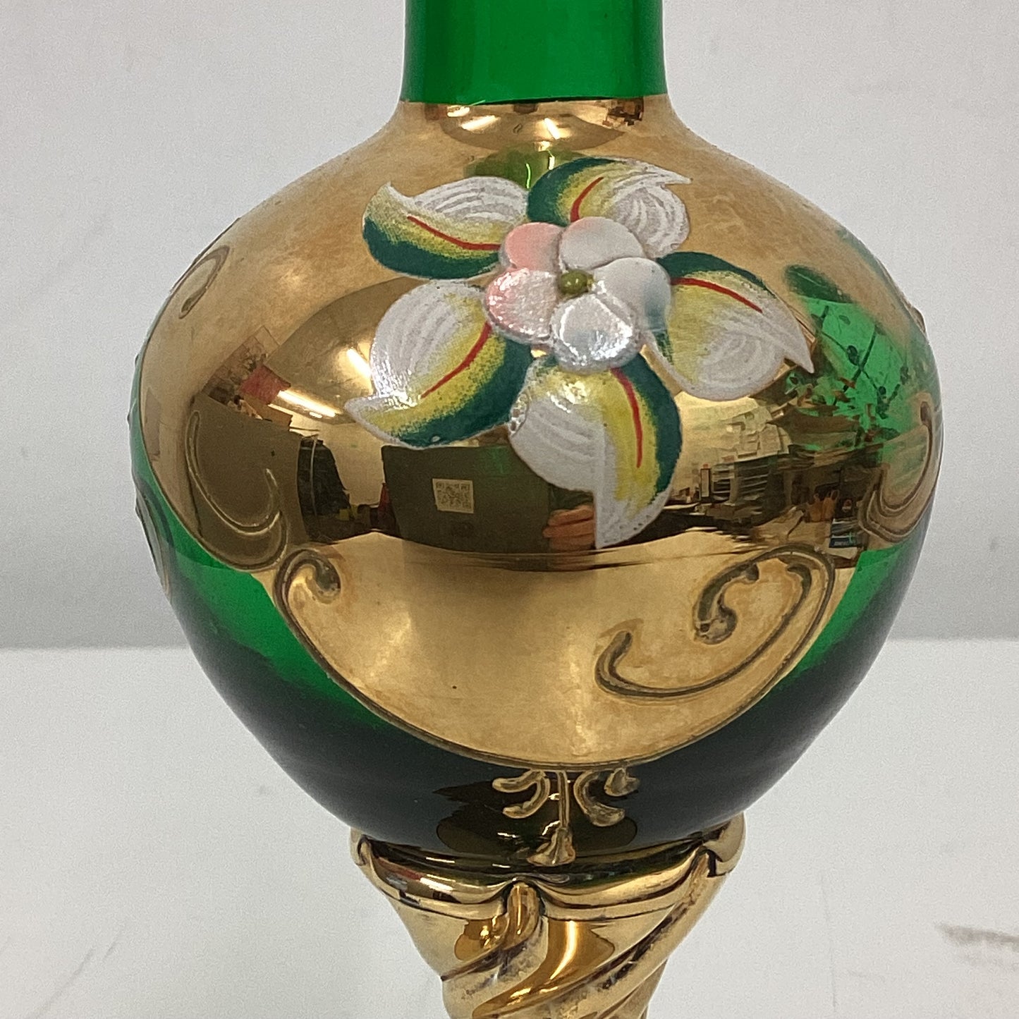 Gold Green Floral Murano Glass Bud Vase