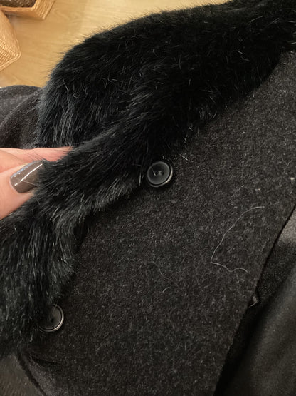 Precis, Long Winter Coat, Merino Wool and Cashmere Blend, UK Size 10, Black, Removable Collar