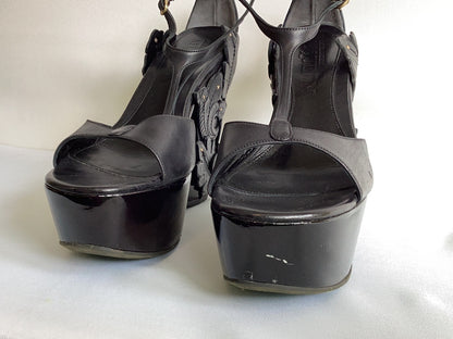 Alexander McQueen Black Leather Floral Platform Heels Size 6