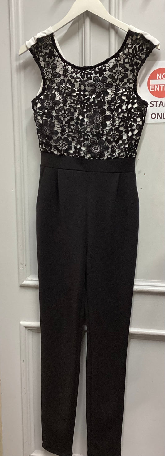 Size 10 Black and White Jumpsuit with Crochet Style Upper Body, Zipped Fastening