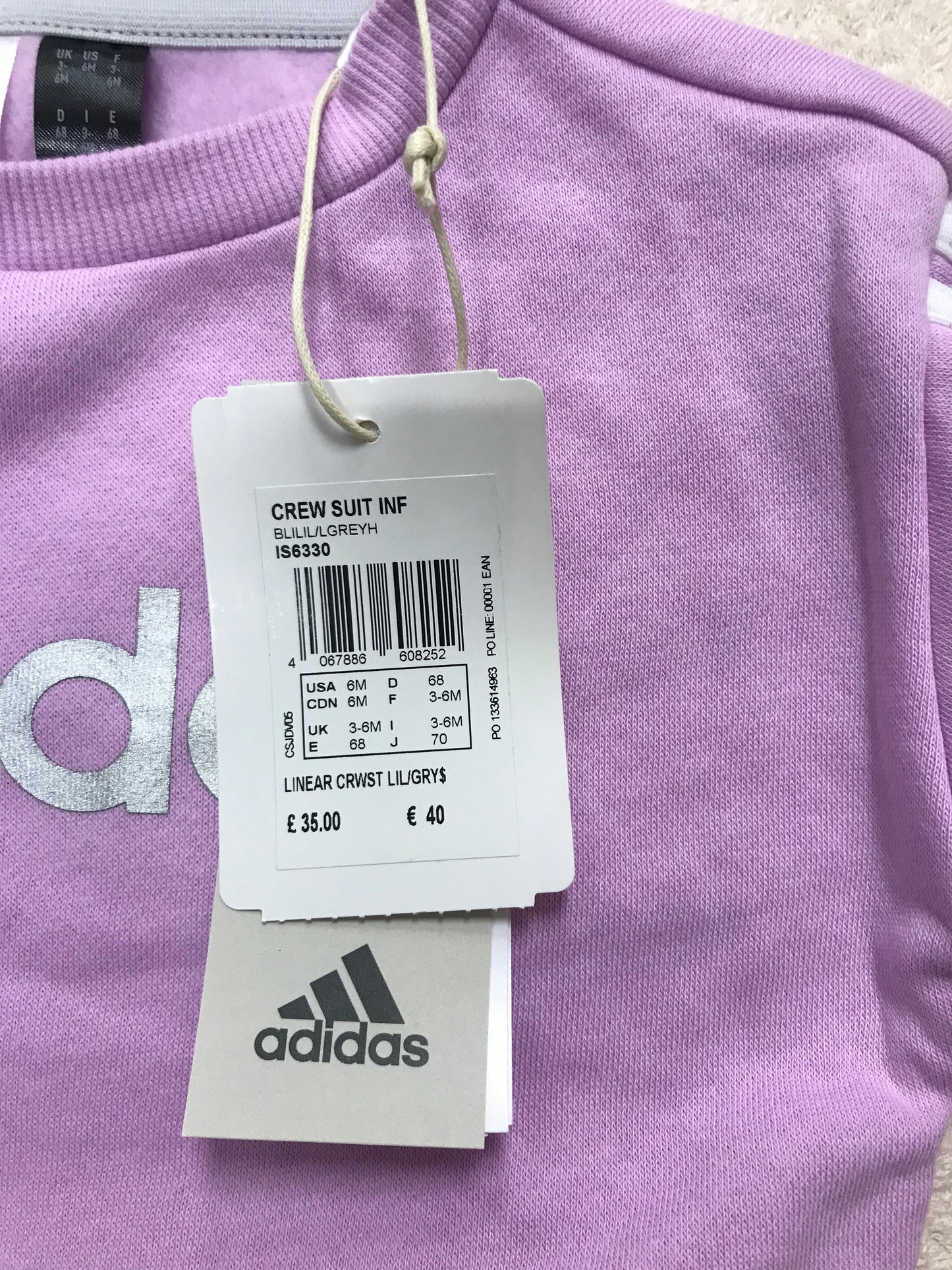 BNWT Adidas Infant Crew Suit Age 3-6 Month Pink and Grey