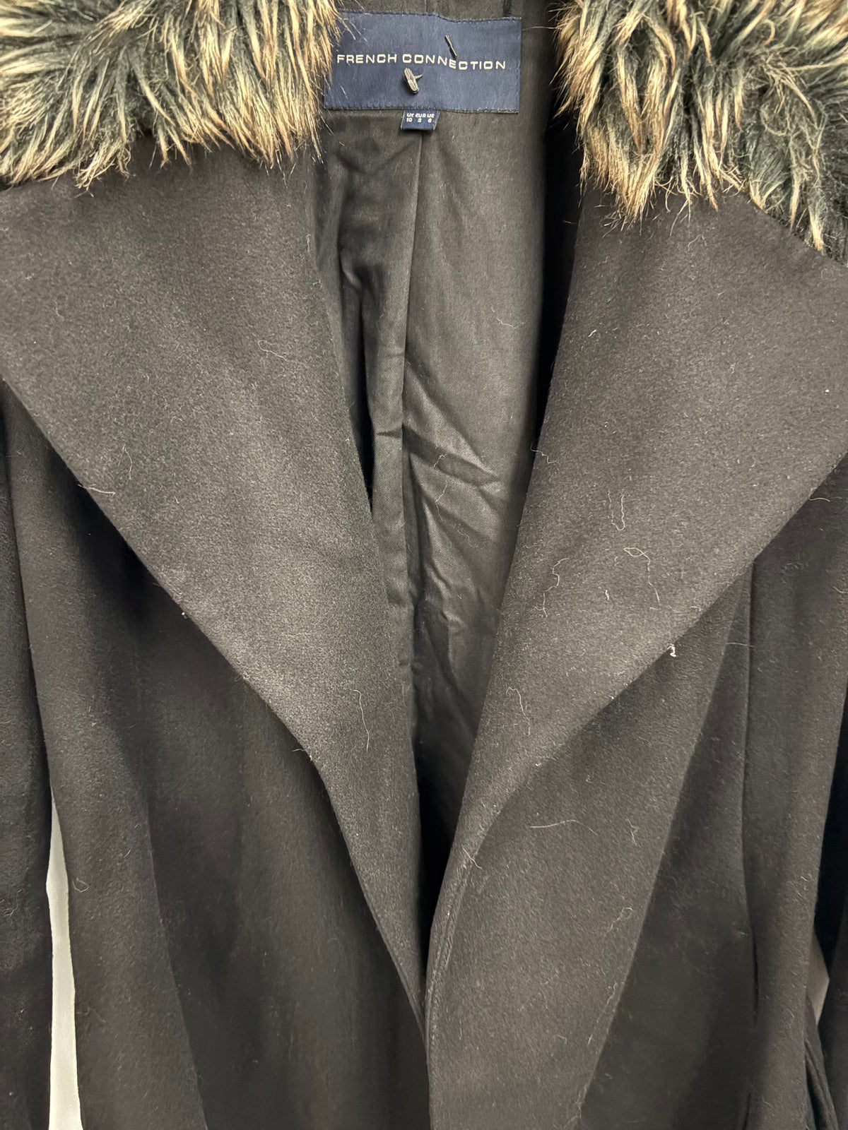 French Connection Black Faux Fur Collar Womens Midi Coat Size 10