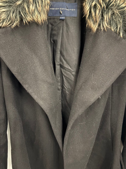 French Connection Black Faux Fur Collar Womens Midi Coat Size 10