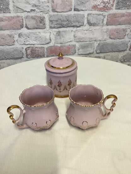 Pink Hand Painted Porcelain tea cups and sugar bowl set