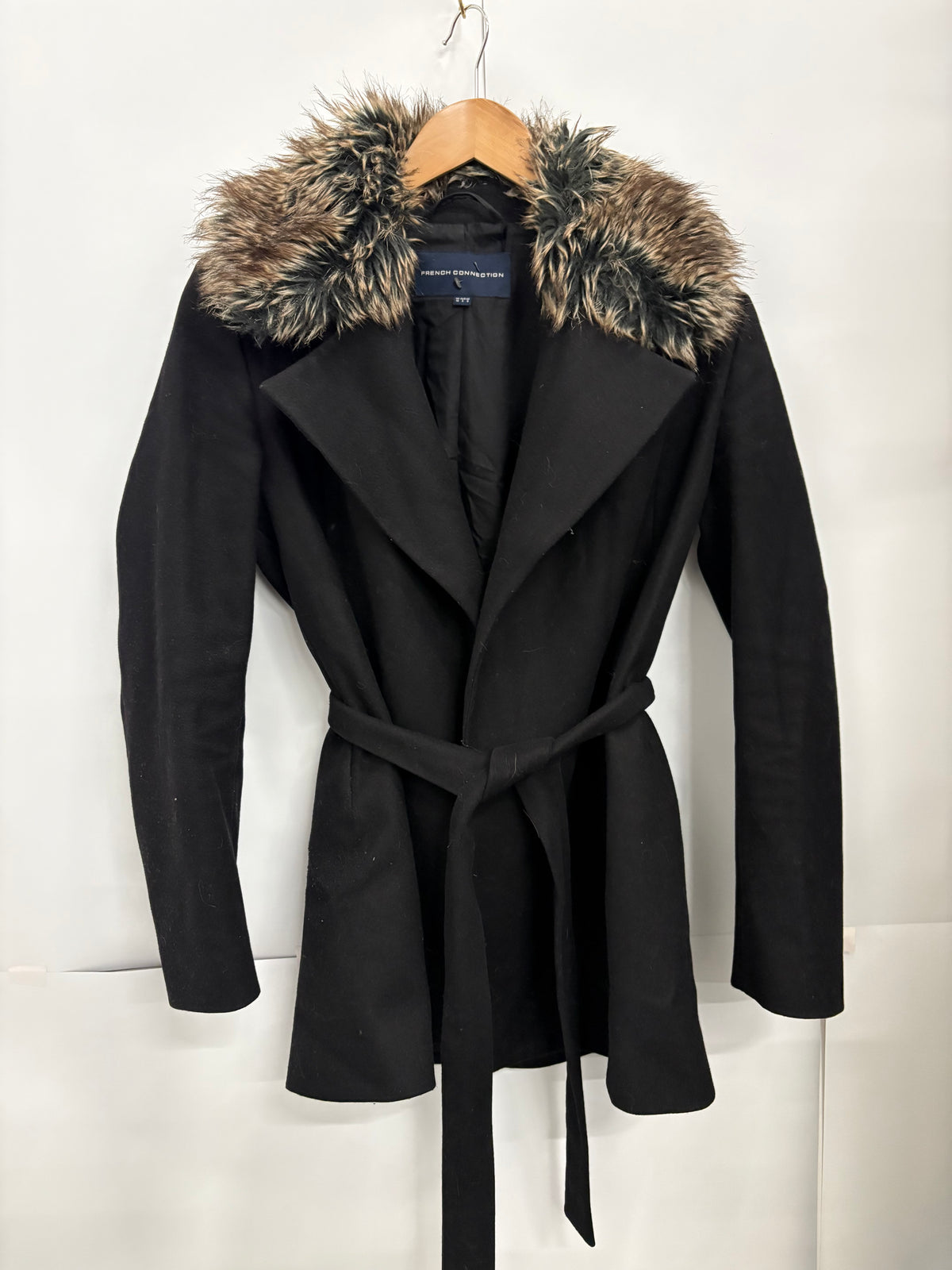 French Connection Black Faux Fur Collar Womens Midi Coat Size 10