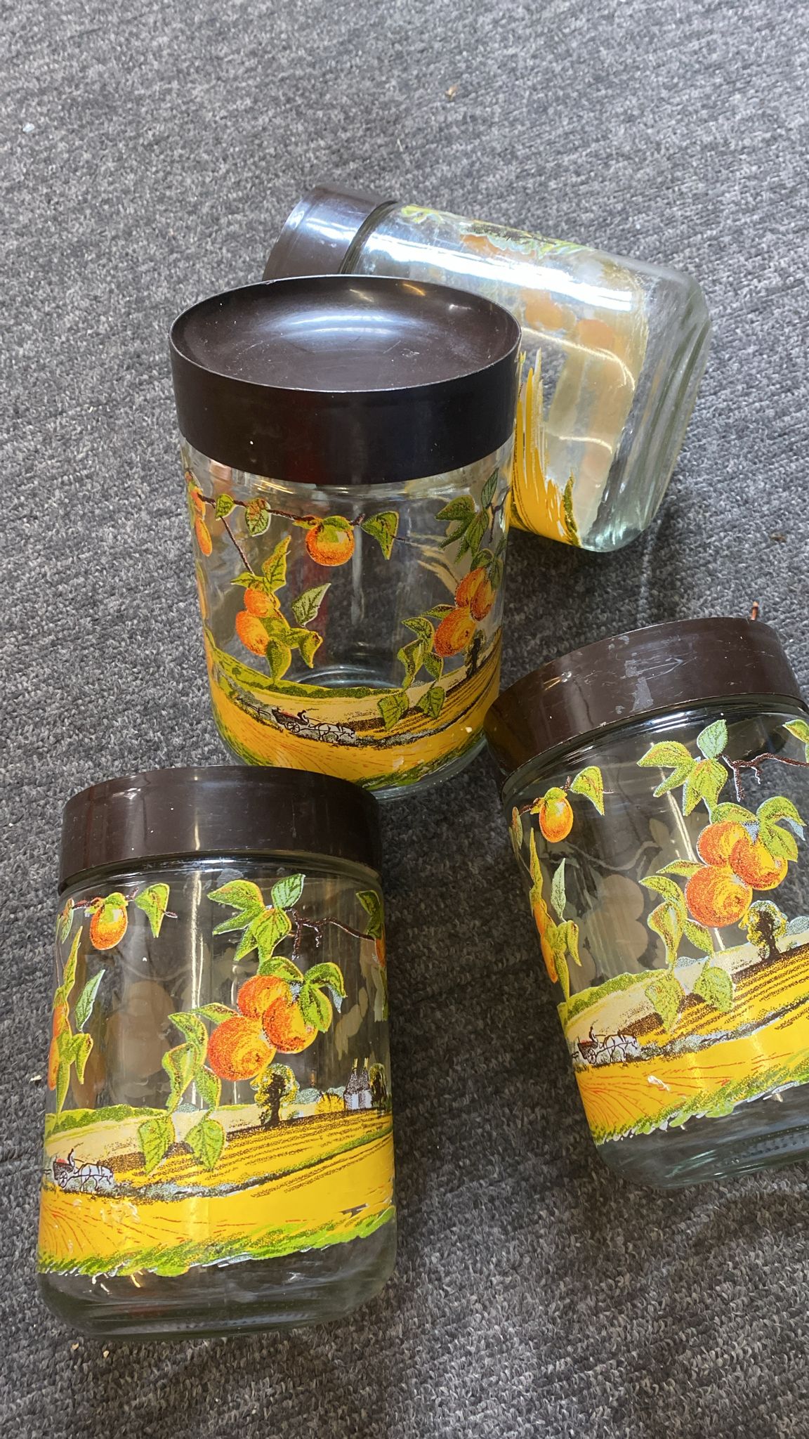 Cerve Glass Storage Jars, Vintage, orange grove design x 4