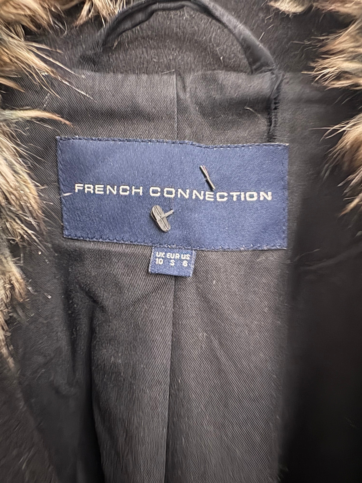 French Connection Black Faux Fur Collar Womens Midi Coat Size 10