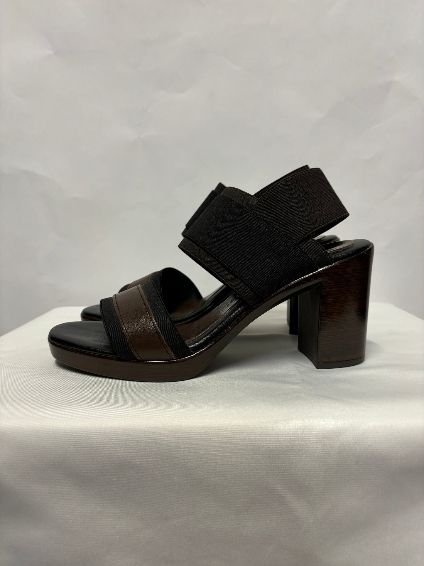 NR Rapisardi Brown and Black Leather Elasticated Block Heel Sandals 5