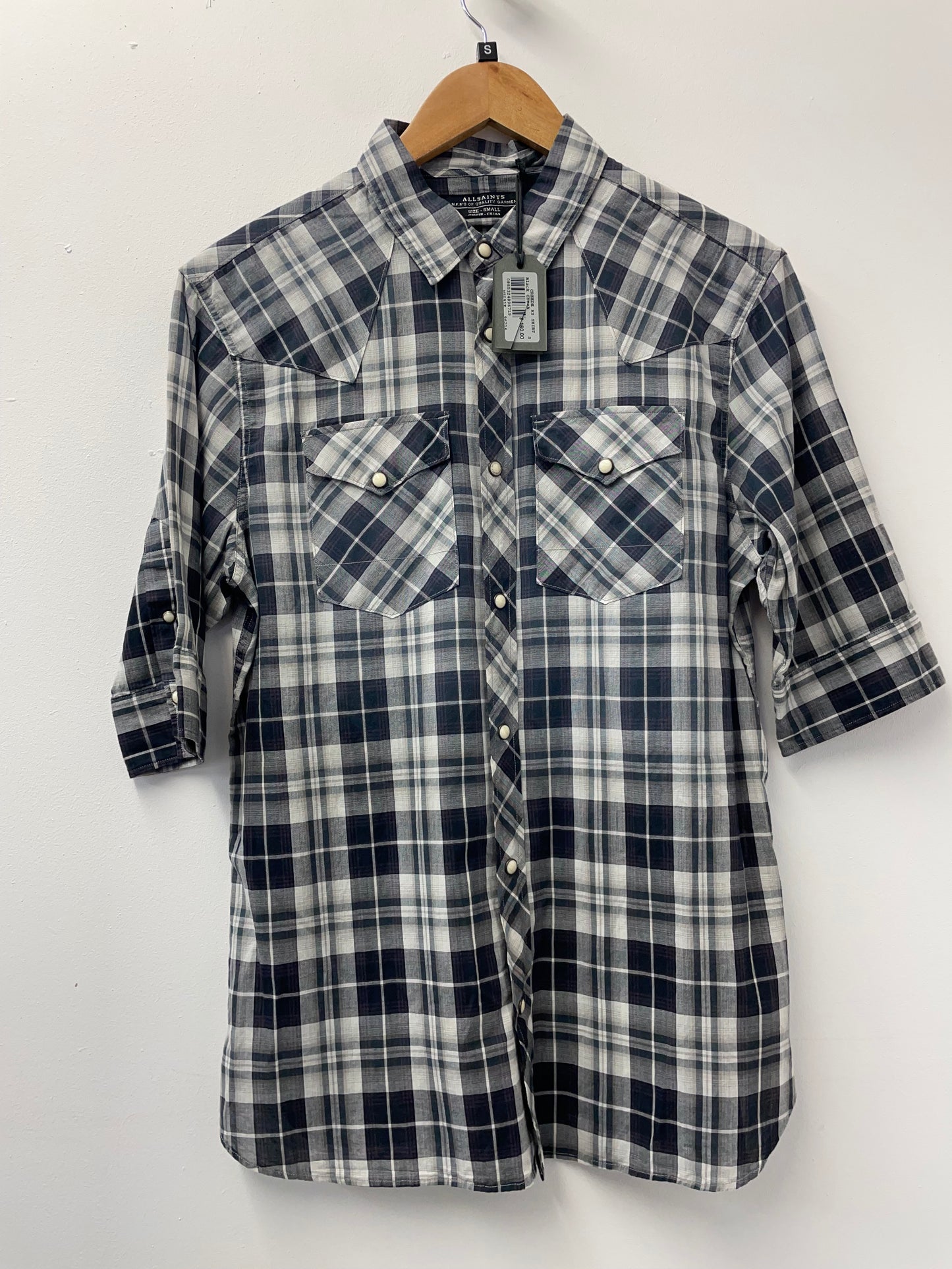 BNWT AllSaints Creede HS Shirt Black Check Size Small