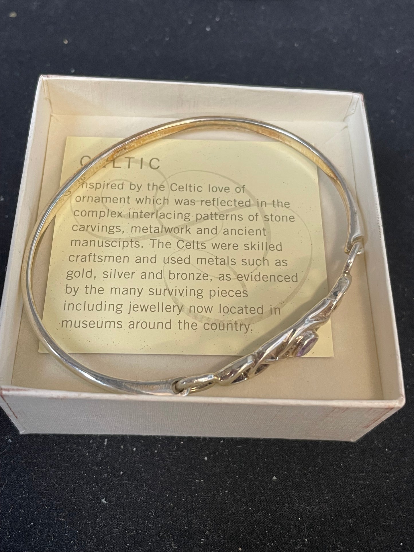 BNIB Past Times Celtic Silver Tone Bangle with Amethyst Stone