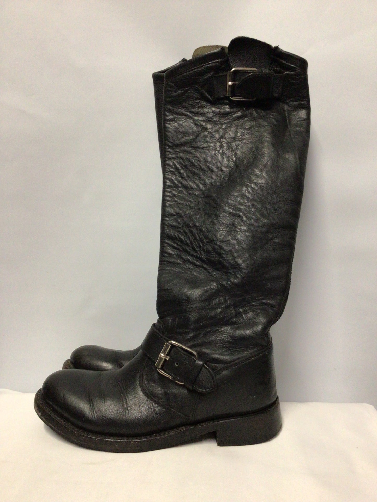 ASH Black Leather Buckle Detail Knee High Equestrian Style Boots UK 2.5