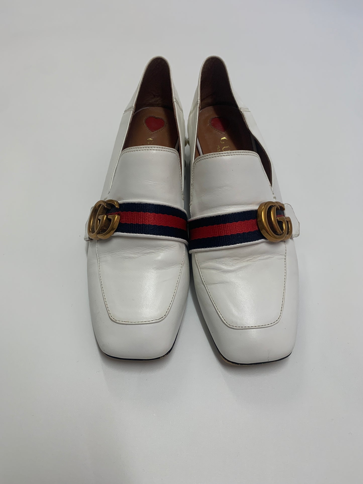 Gucci Off White Leather GG Marmont Pearl Collapsible Mid Heel Loafer Pumps 6