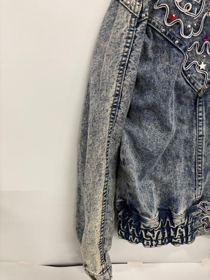 Vintage Acid-Wash Embroidered Womens Denim Jacket Size L/XL