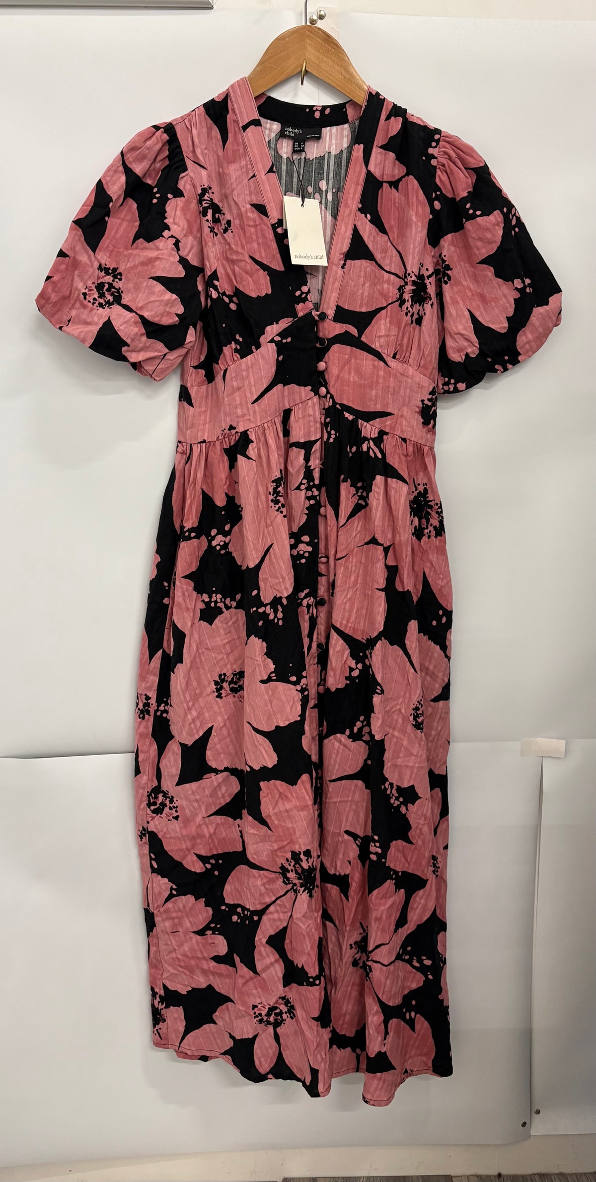 Nobody's Child Pink/Black Floral Buttoned Midi Dress Size 4 - BNWT