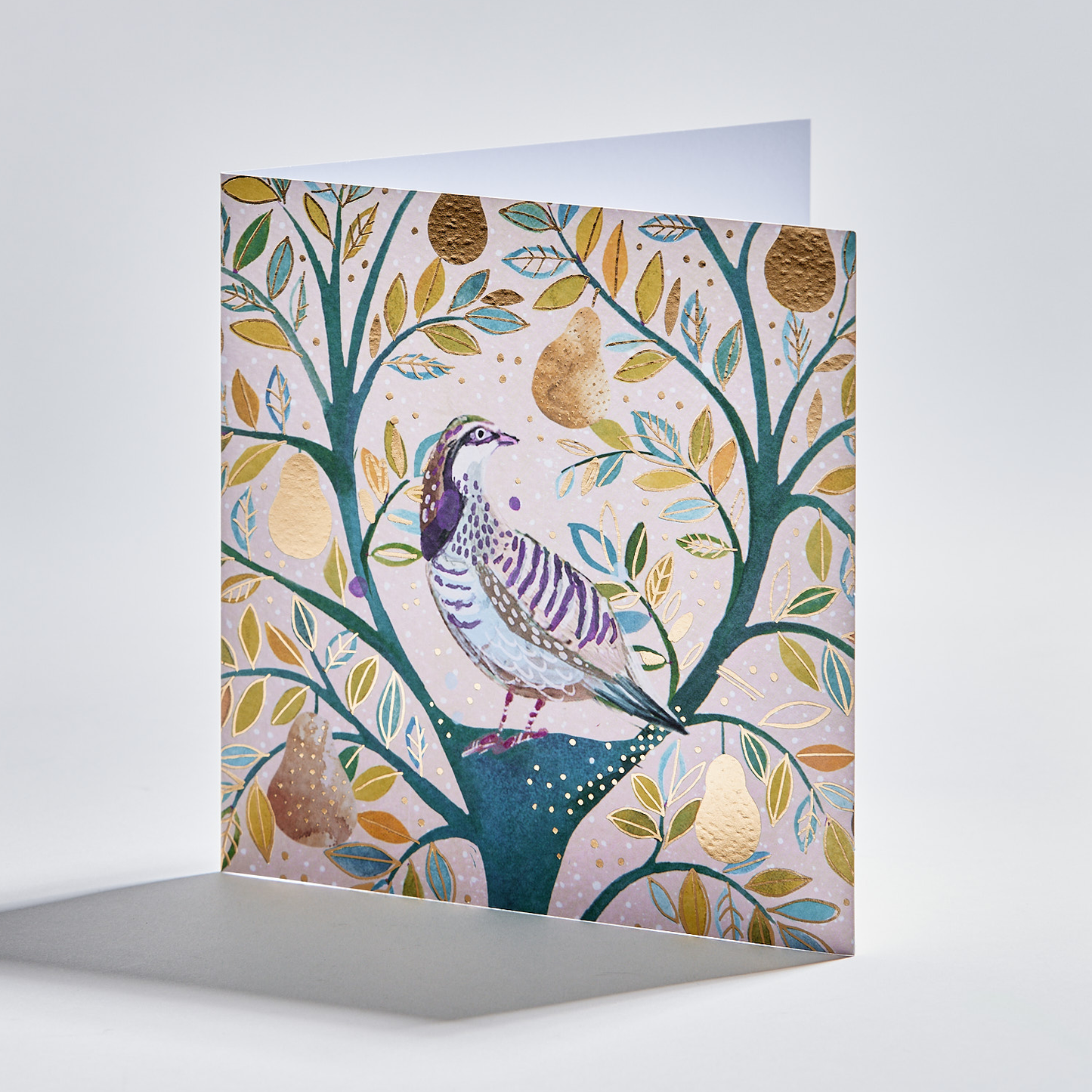 Standing christmas card depicting a pretty partridge in a pear tree with gold detailing