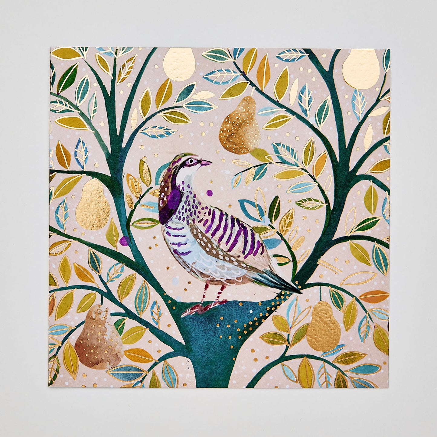 Flat lay of christmas card depicting a pretty partridge in a pear tree with gold detailing