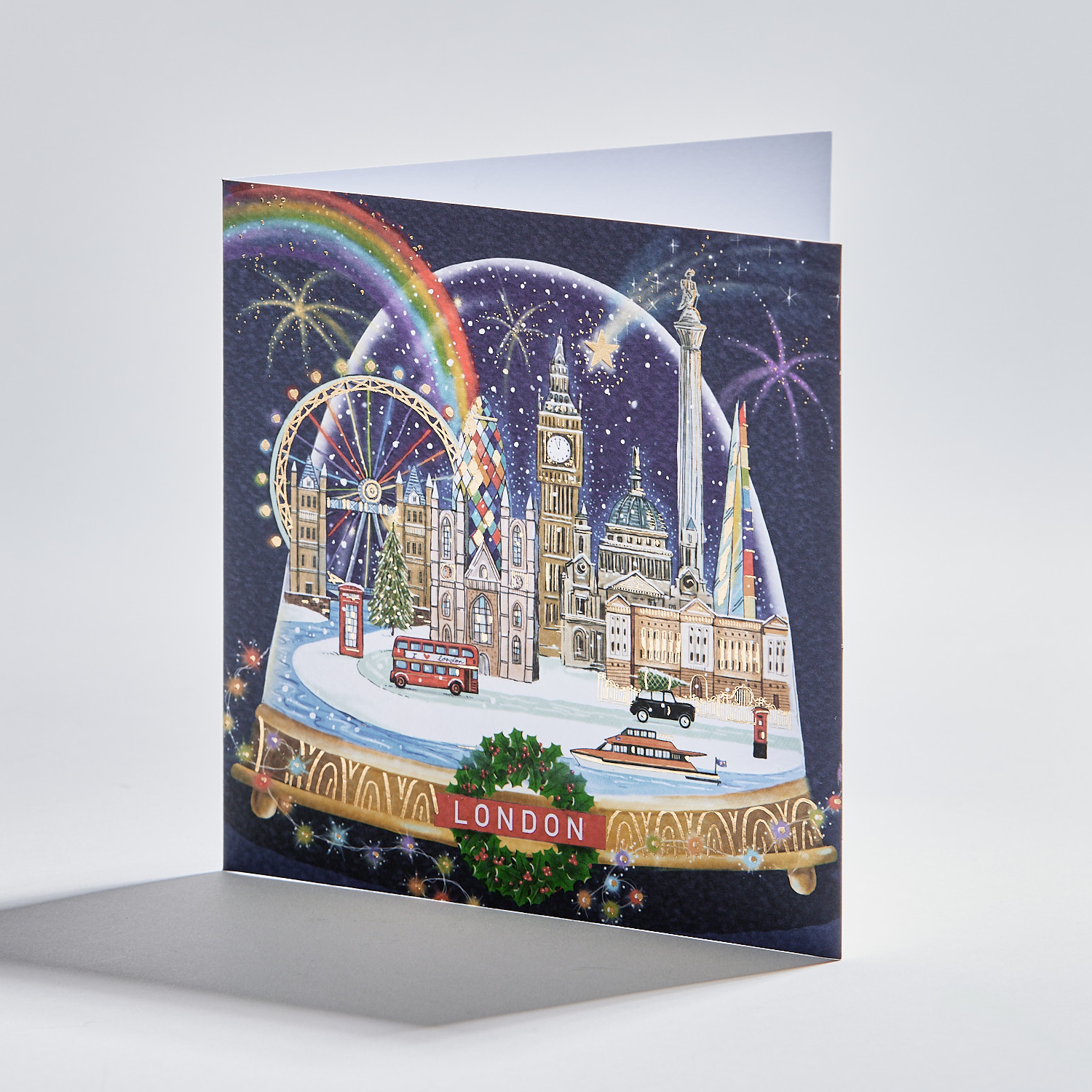 Standing christmas card depicting london city snowglobe scene