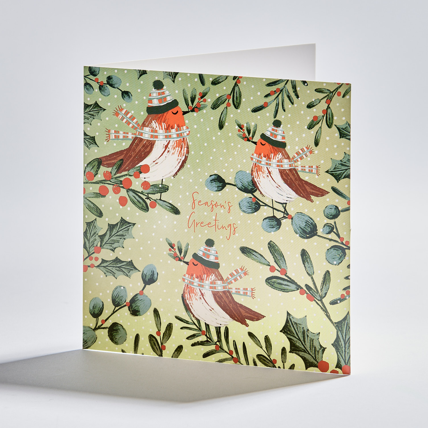 Standing christmas card which depicts three robins. Text reads 'season's greetings'