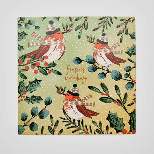 Flat lay christmas card which depicts three robins. Text reads 'season's greetings'