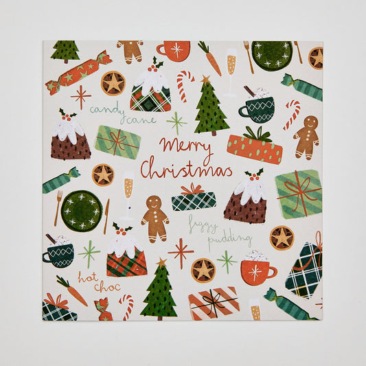 flat lay christmas card depicting festive foods. text reads 'merry christmas'
