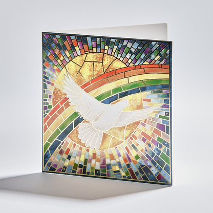 Standing christmas card depicting a rainbow sunburst dove