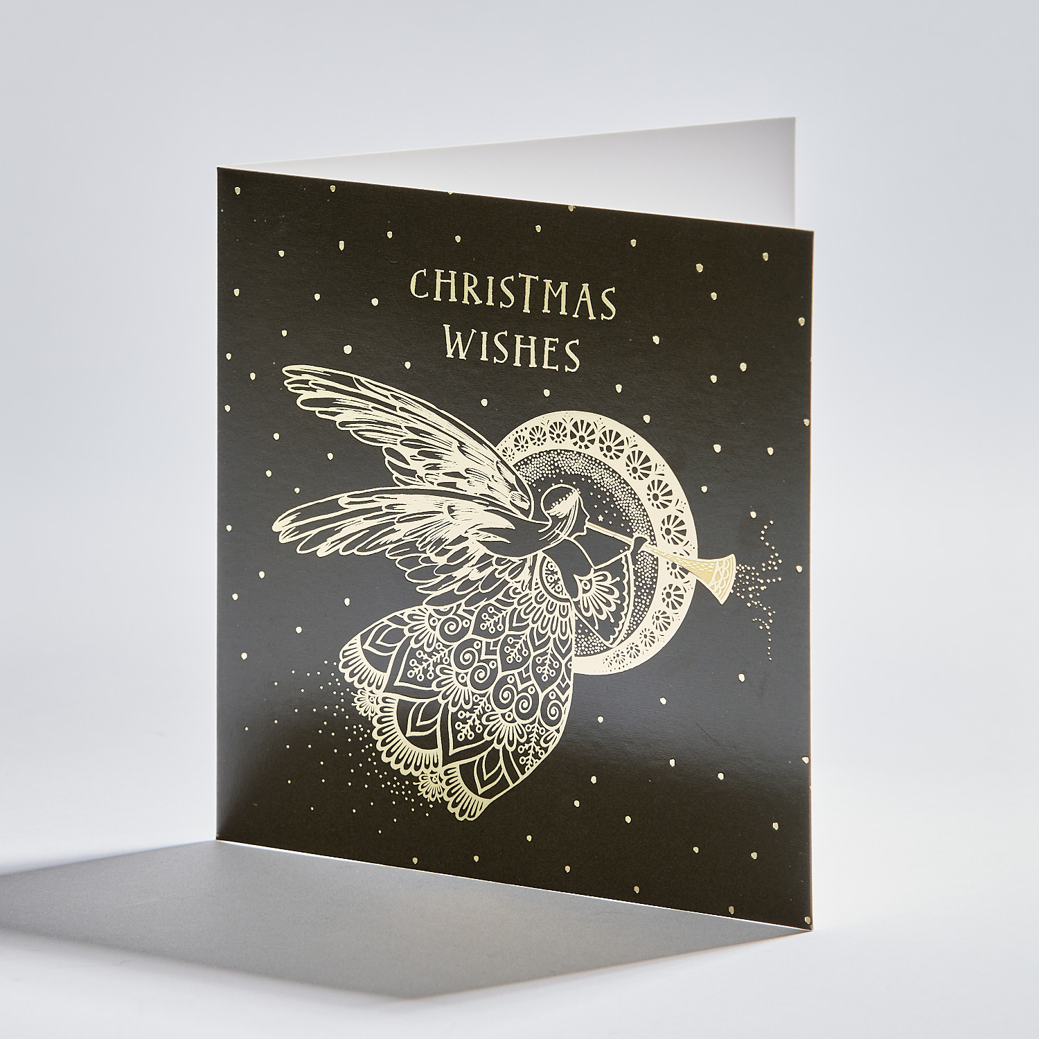 standing christmas card depicting a heralding angel in gold detail with text that reads 'christmas wishes'