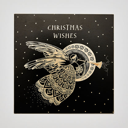 flat lay christmas card depicting a heralding angel in gold detail with text that reads 'christmas wishes'