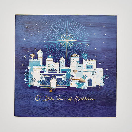 flat lay christmas card with gold detail design and text that reads 'o little town of bethlehem'
