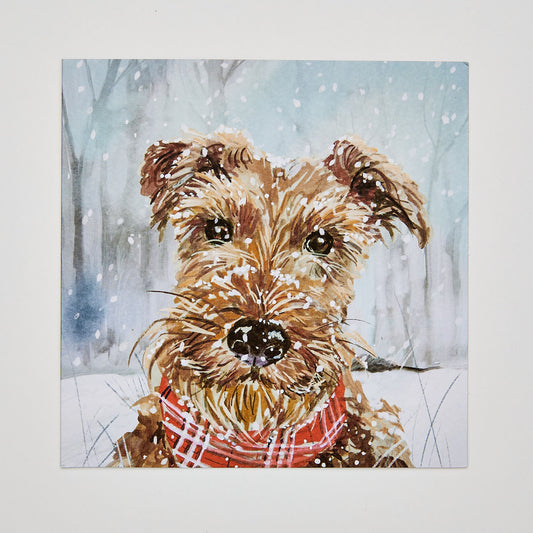 Flat lay of christmas card depicting an airedale terrier in the snow
