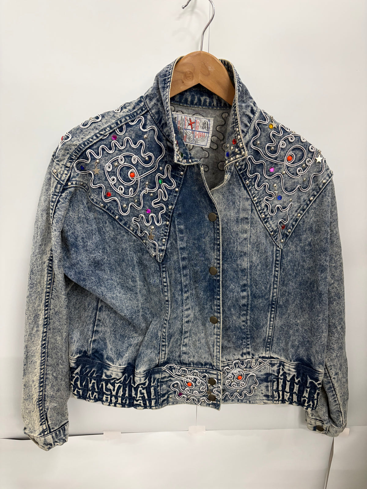 Vintage Acid-Wash Embroidered Womens Denim Jacket Size L/XL