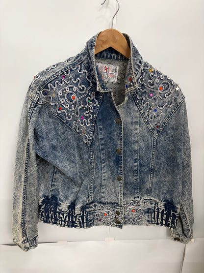 Vintage Acid-Wash Embroidered Womens Denim Jacket Size L/XL