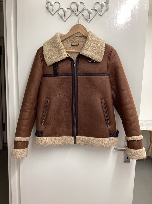 M&S Faux Brown Aviator Jacket, Size 10