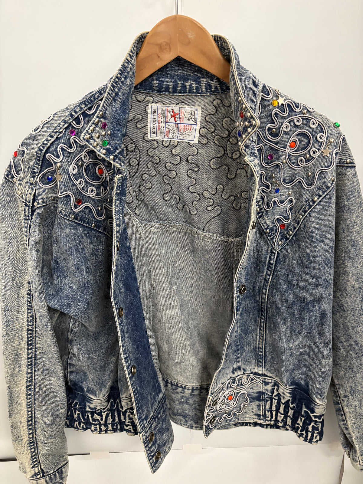 Vintage Acid-Wash Embroidered Womens Denim Jacket Size L/XL