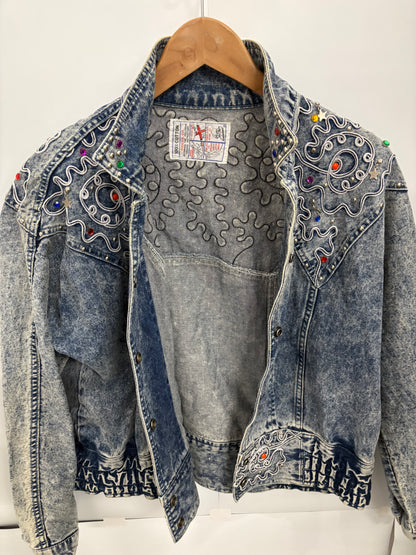 Vintage Acid-Wash Embroidered Womens Denim Jacket Size L/XL