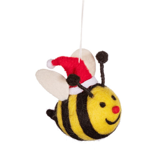 Felt hanging bee decoration, he has a smiley face, red nose and a christmas hat nestled between his wings and anteni 