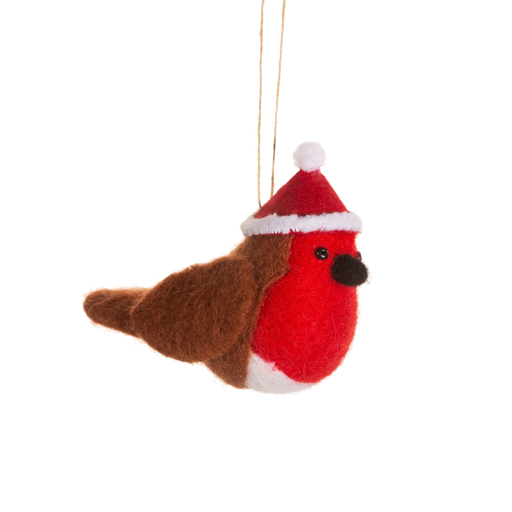 felt hanging robin decoration with a red breast and a red santa hat.
