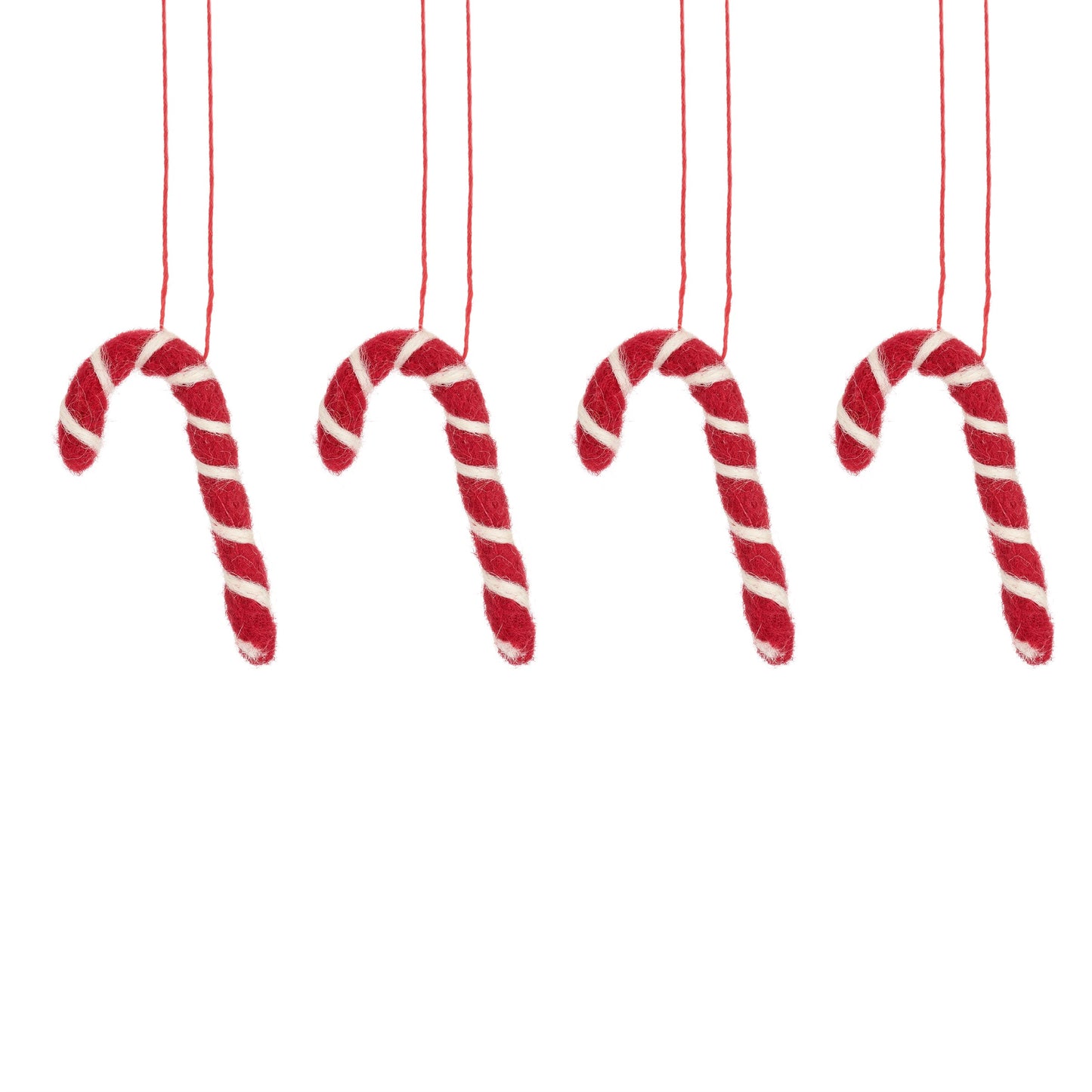 This image shows 4 mini red and white striped candy canes hanging from red string. 