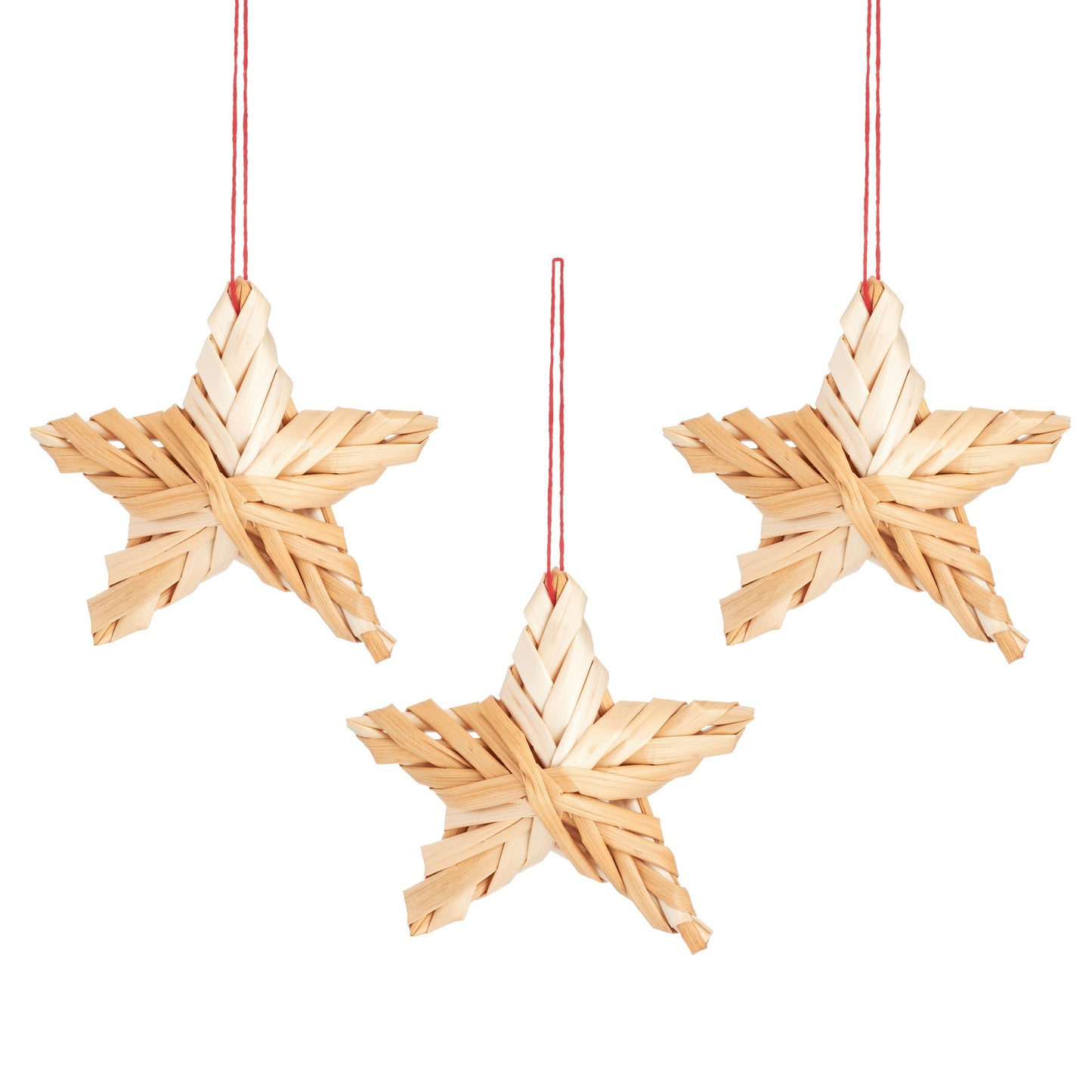 3 straw star hanging decorations on red string against a plain white background.