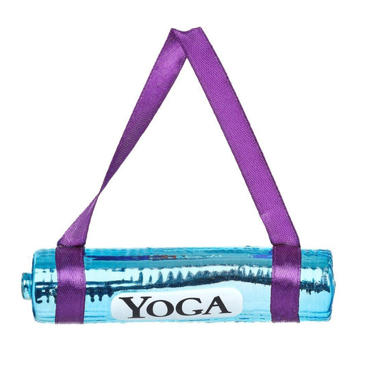 Metallic blue rolled mat that says 'YOGA' on it. Purple silk string to hang from the tree attached. 
