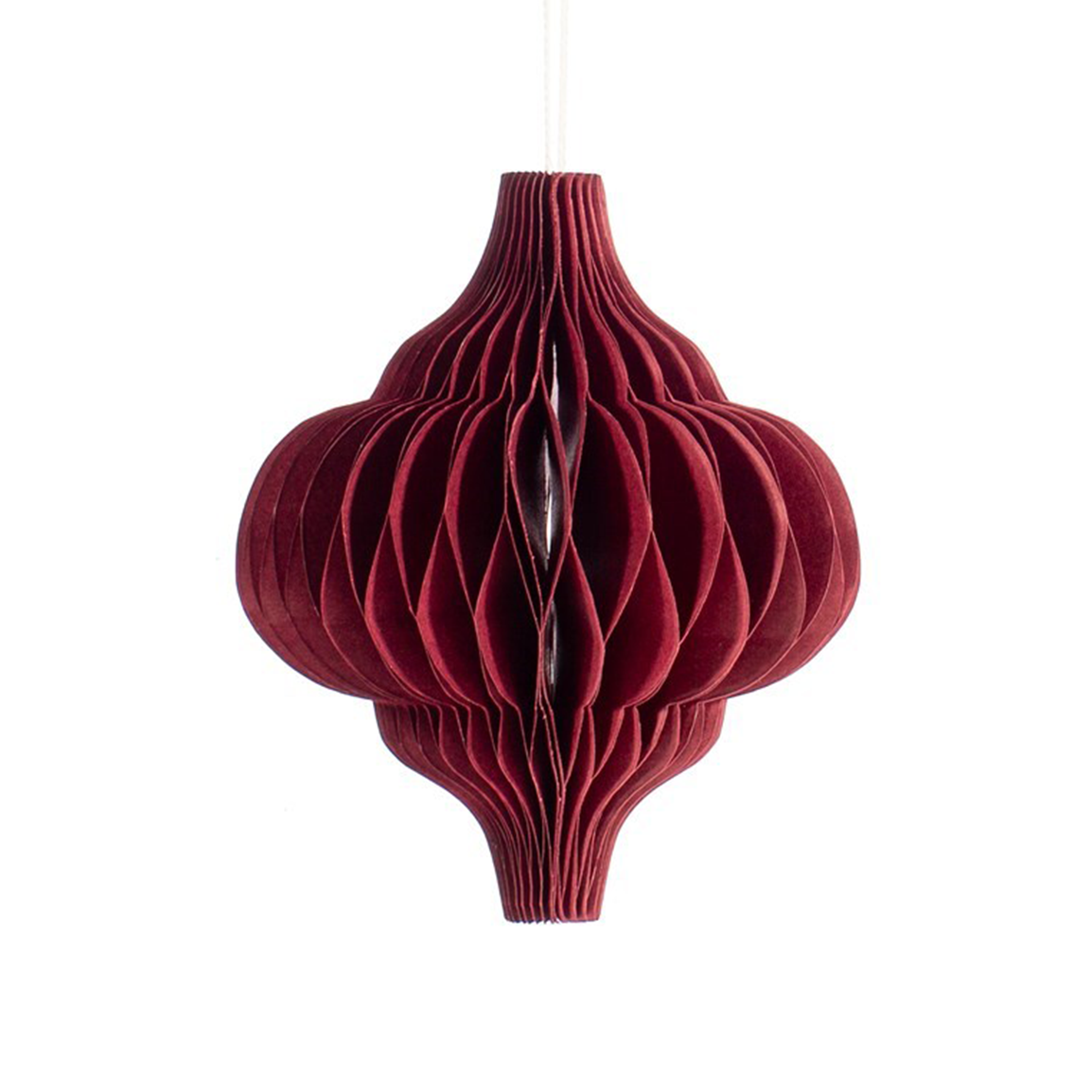 dark red paper hanging decoration in the shape of a diamond. Hanging from string, honeycomb inside.