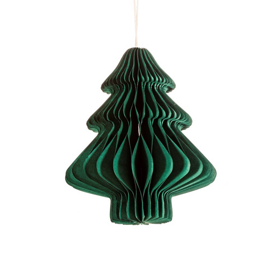 Green paper honeycomb style decorations in the shape of a tree hanging from gold string