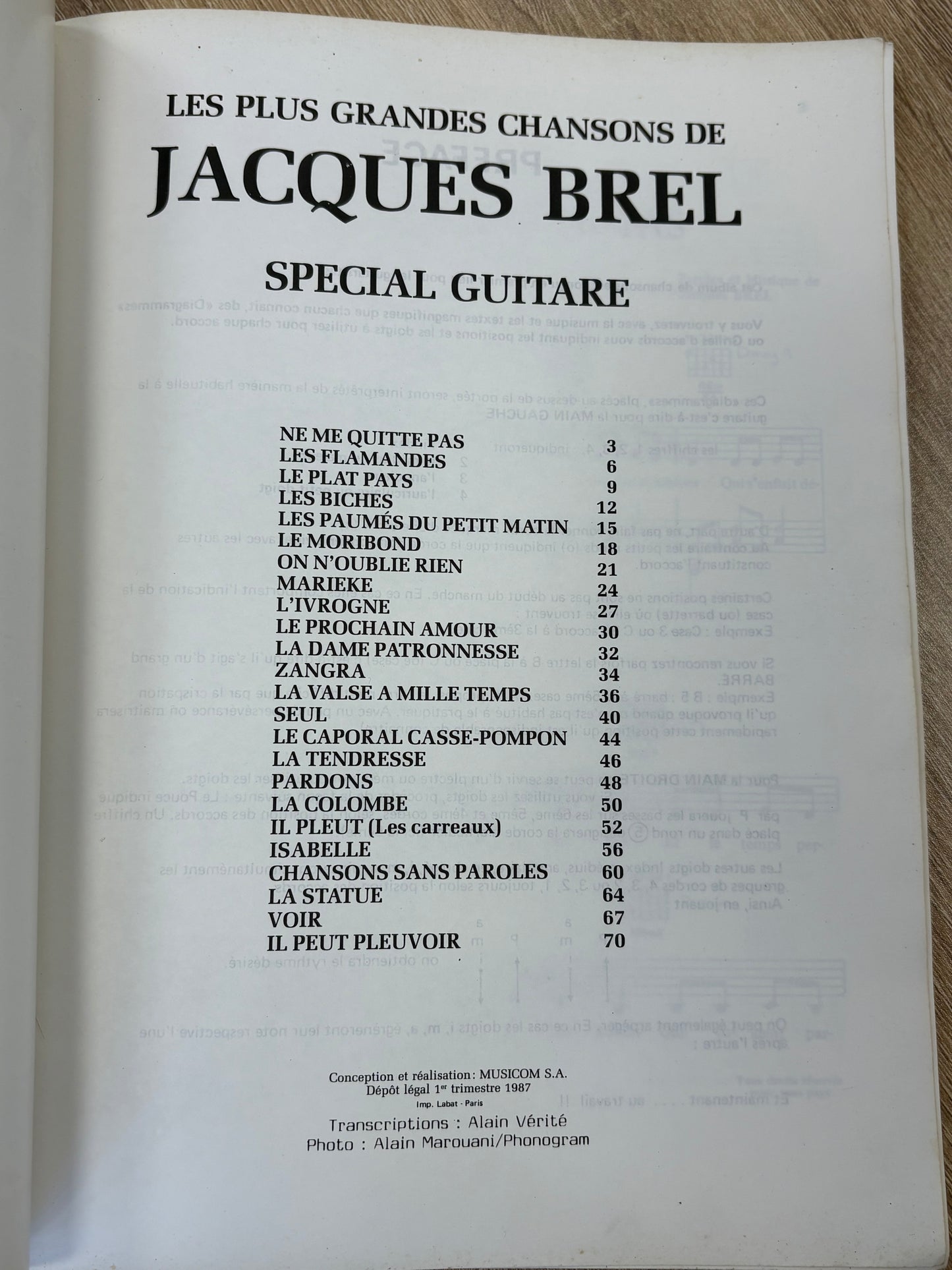 Special Guitare Sheet Music Book by Jacques Brel