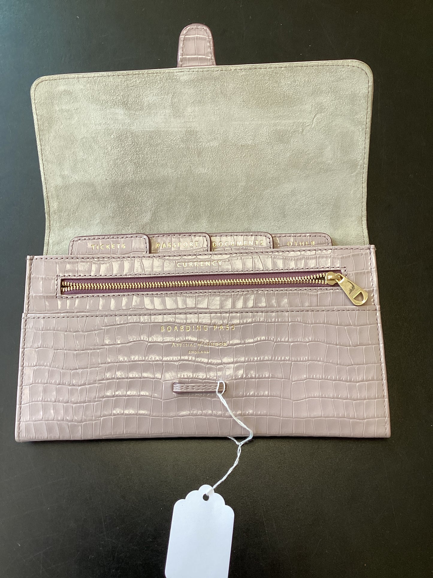 Aspinal of London  Crocodile embossed Travel Wallet Mauve