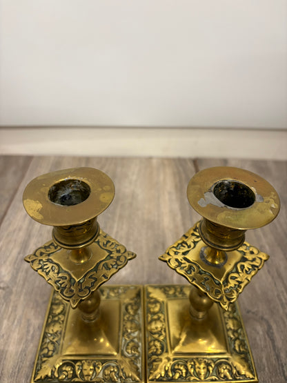 Antique Victorian Ornate Gothic Brass Candlesticks - Set of 4