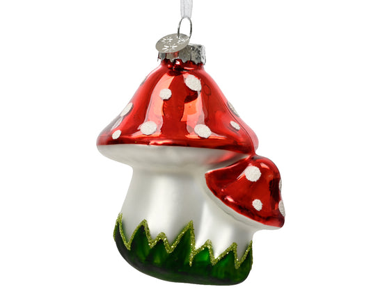 Glass chrome shiny toadstool hanging decoration. Red mushroom top with white glittery spots, smaller toadstool next to the bigger one with shards of glass painted on with green glitter to embellish this.