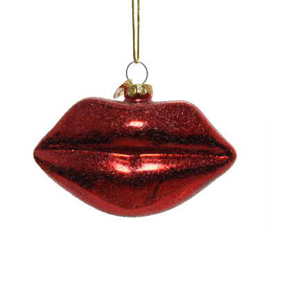 This image shows a lip hanging decorations. They are full lips in a glittery red shade.