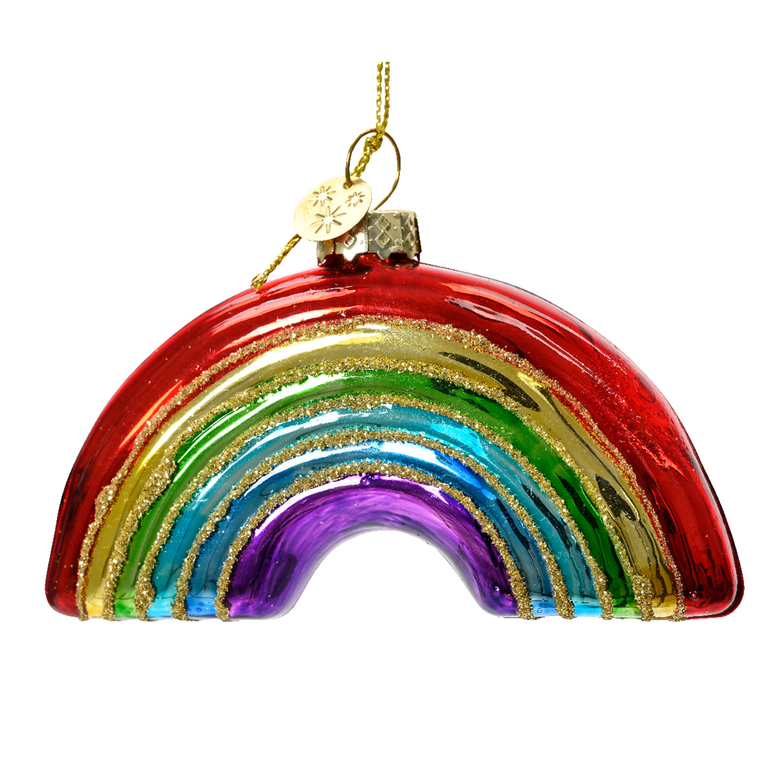 Chrome rainbow tree decoration, with gold glitter in-between the colours separating them.